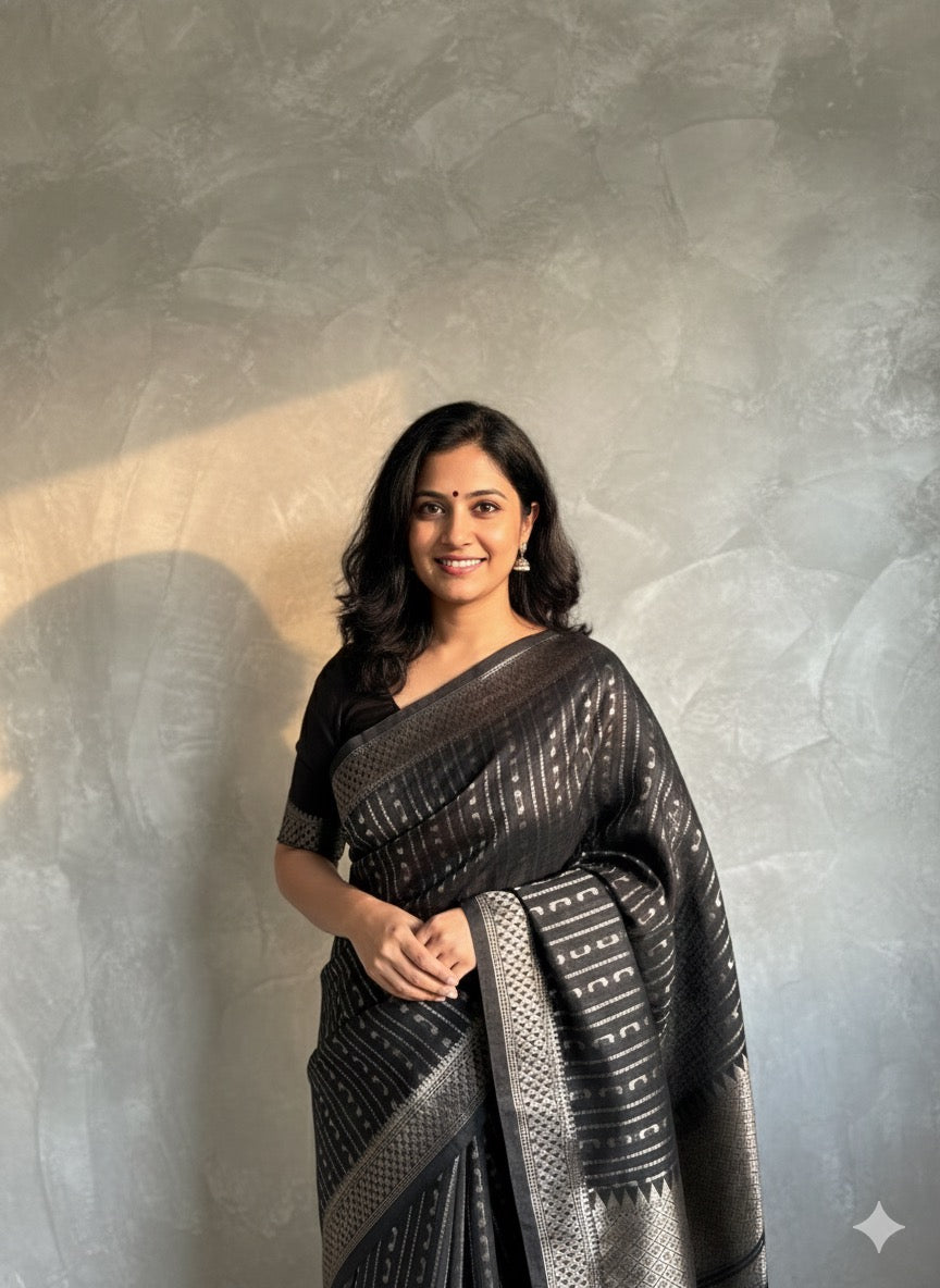 Manjari: Black Semi-Silk Saree with Silver Zari