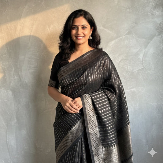 Manjari: Black Semi-Silk Saree with Silver Zari