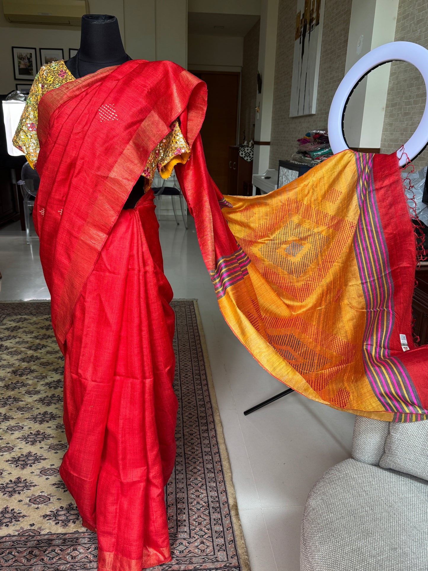 Vermilion: Red & Yellow Ghicha Silk Saree