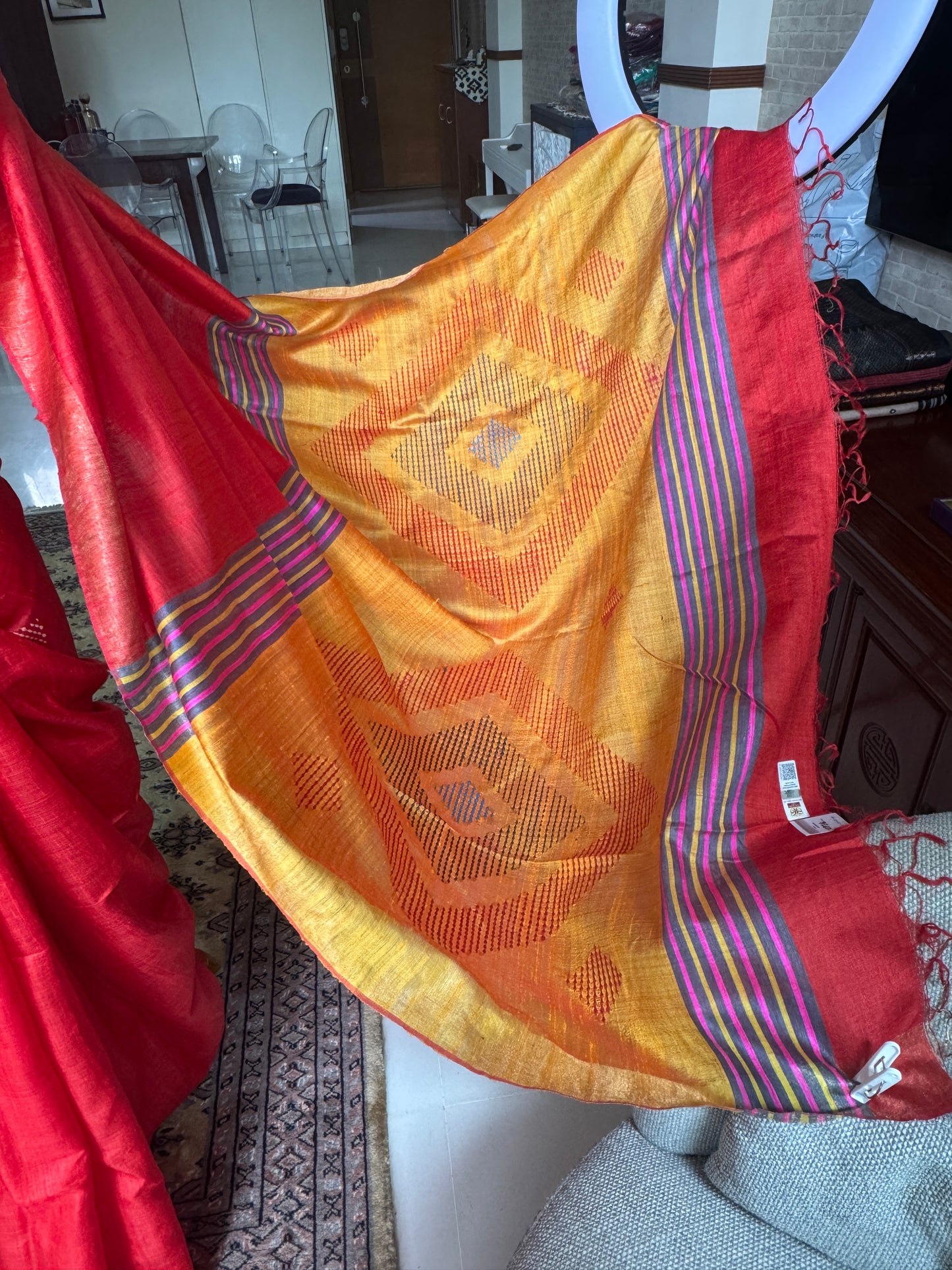 Vermilion: Red & Yellow Ghicha Silk Saree