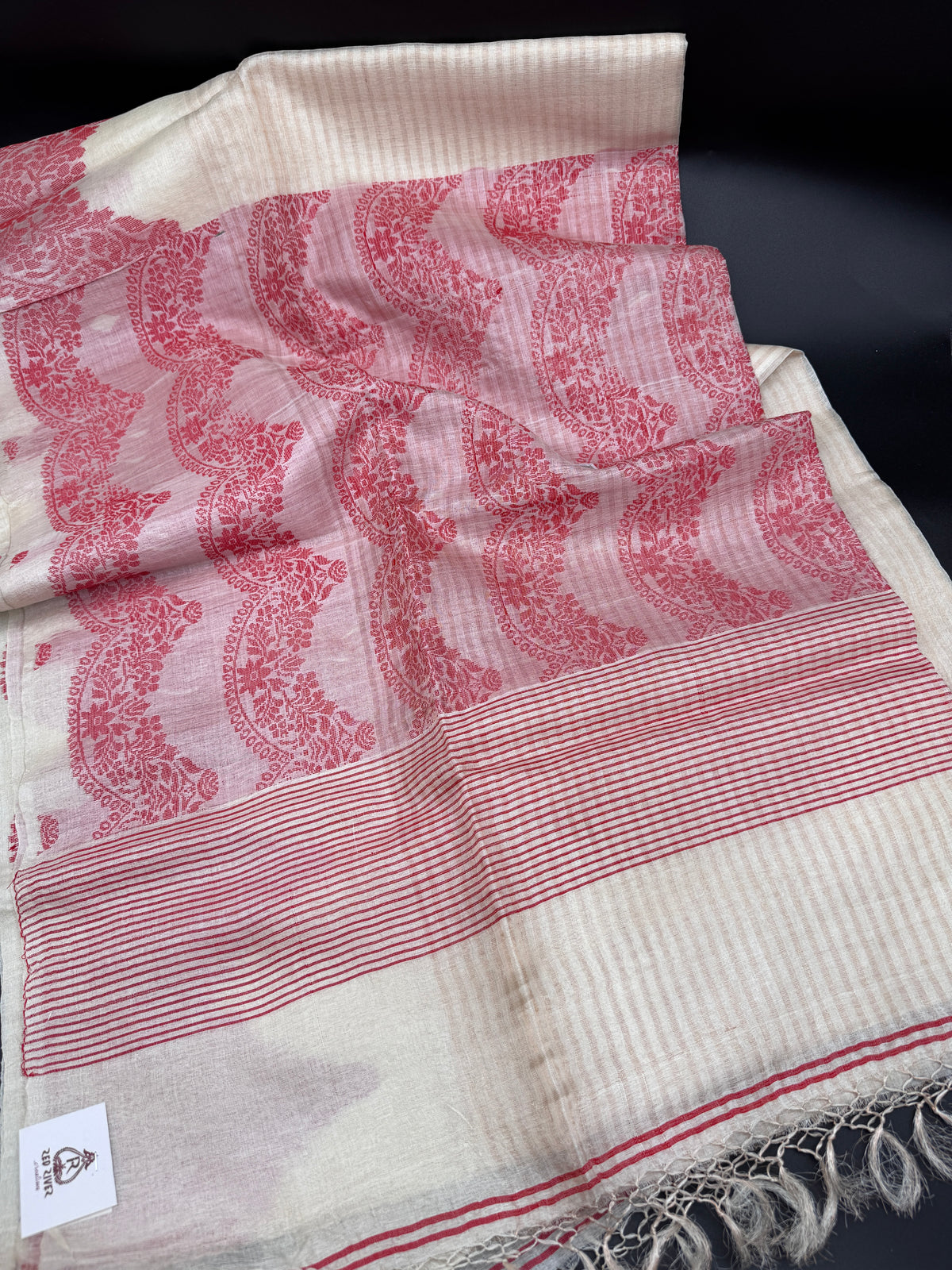 Anusuya: White and Red Handwoven Tussar Saree