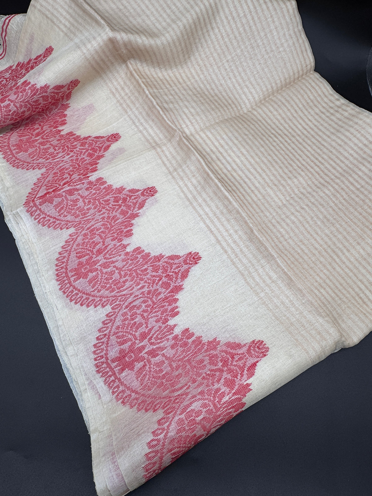 Anusuya: White and Red Handwoven Tussar Saree