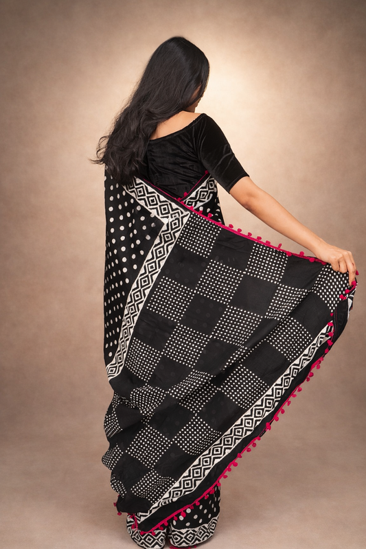 Noor: Black Sanganeri Block Print Cotton Saree
