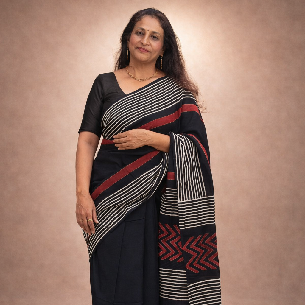 Ambika: Black Sanganeri Block Print Cotton Saree