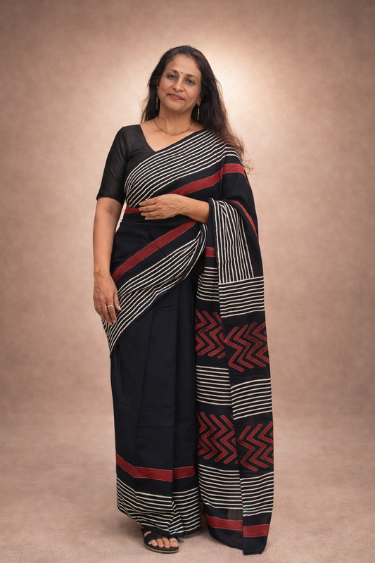 Ambika: Black Sanganeri Block Print Cotton Saree