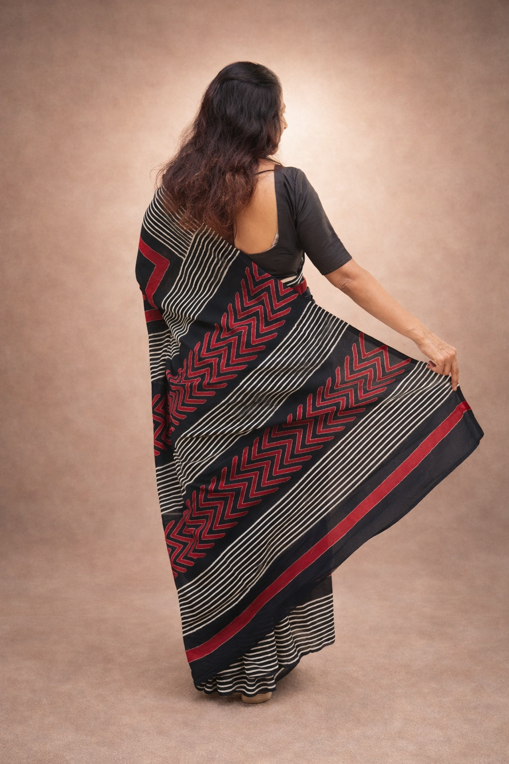 Ambika: Black Sanganeri Block Print Cotton Saree