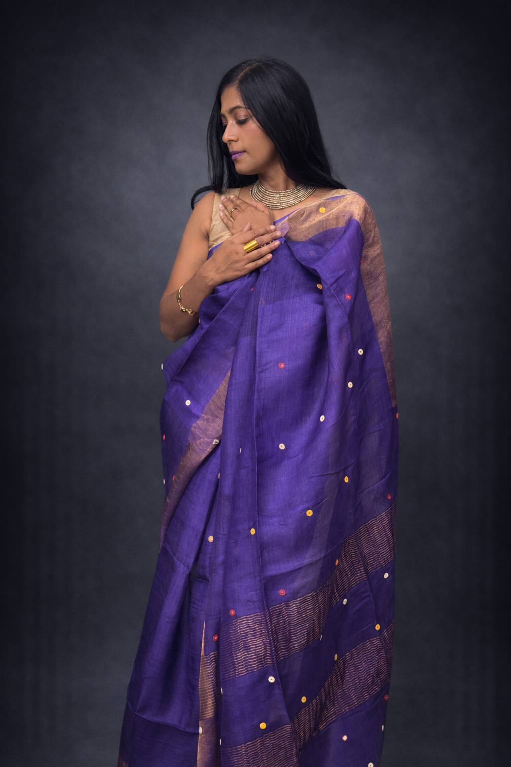 Jamini: Purple Handwoven Tussar Silk Mirror-work Saree