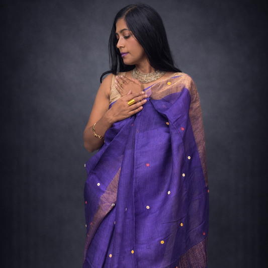 Jamini: Purple Handwoven Tussar Silk Mirror-work Saree