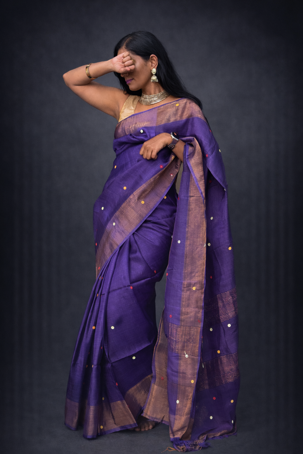 Jamini: Purple Handwoven Tussar Silk Mirror-work Saree