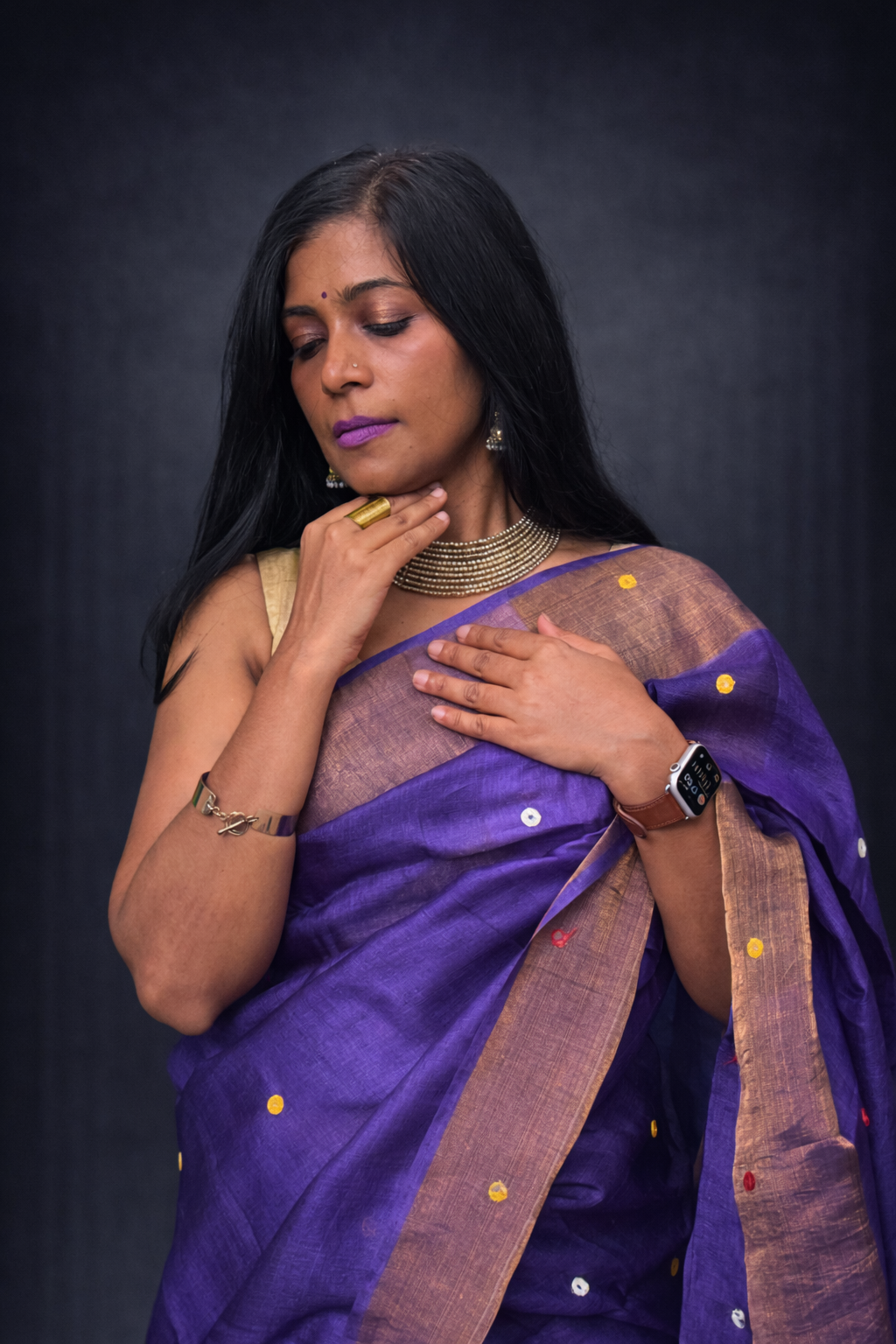 Jamini: Purple Handwoven Tussar Silk Mirror-work Saree
