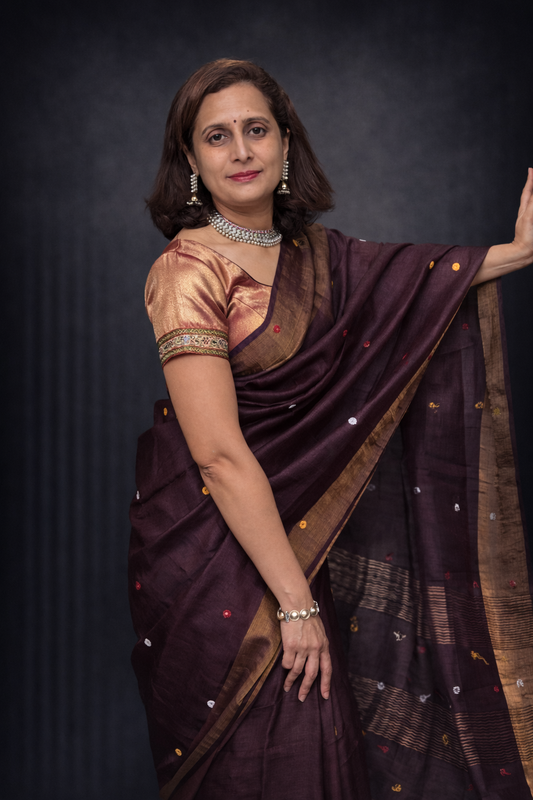 Siya: Brown Handwoven Tussar Silk Mirror-work Saree