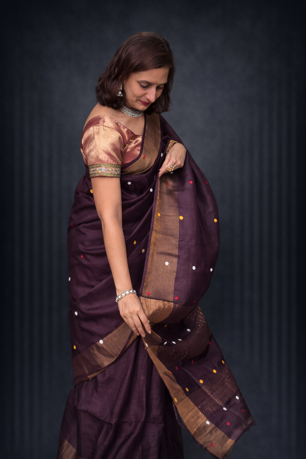 Siya: Brown Handwoven Tussar Silk Mirror-work Saree