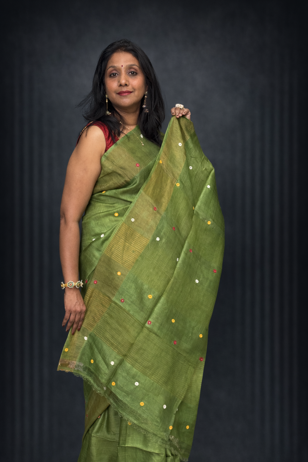 Jaya: Green Handwoven Tussar Silk Mirror-work Saree