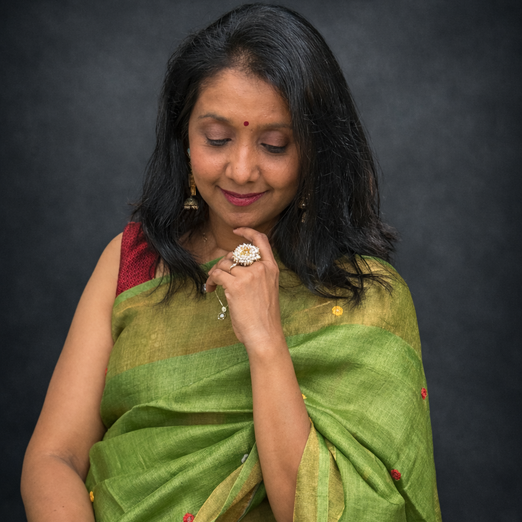 Jaya: Green Handwoven Tussar Silk Mirror-work Saree