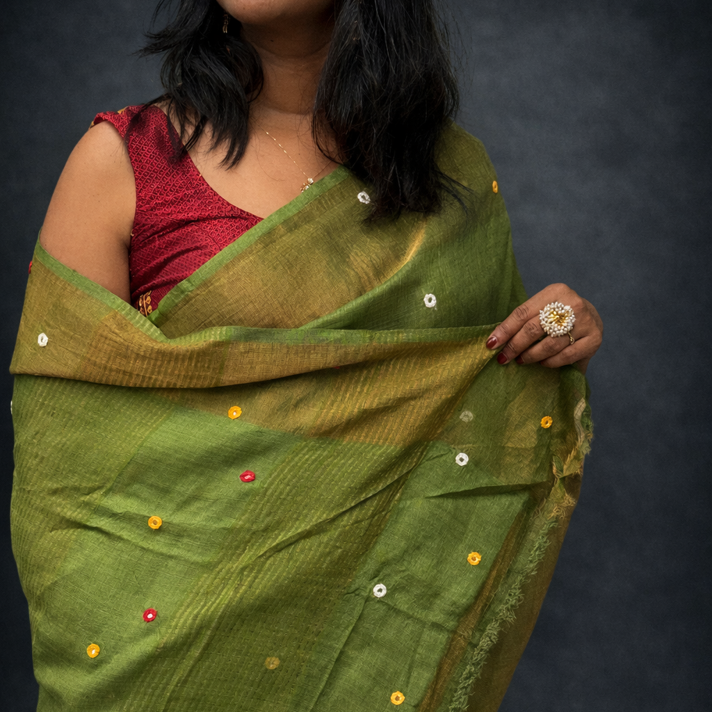 Jaya: Green Handwoven Tussar Silk Mirror-work Saree