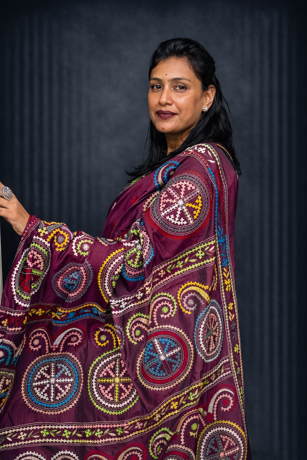 Sanchita: Maroon Hand-embroidered Semi-silk Saree