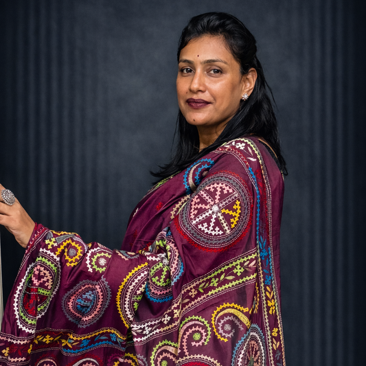 Sanchita: Maroon Hand-embroidered Semi-silk Saree