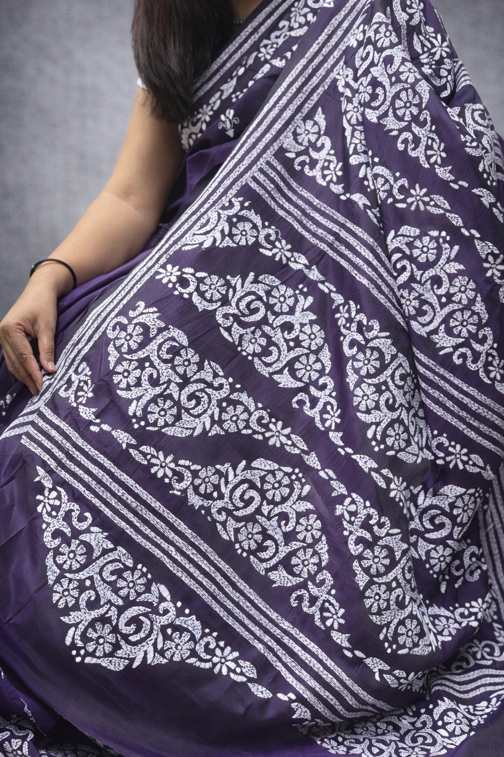 Smita: Blue Hand-Embroidered Semi-Silk Kantha Saree