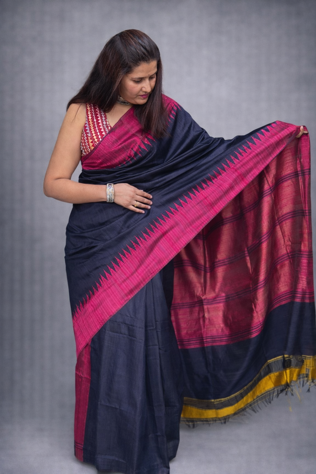 Adrija: Blue Handwoven Tussar Silk Saree
