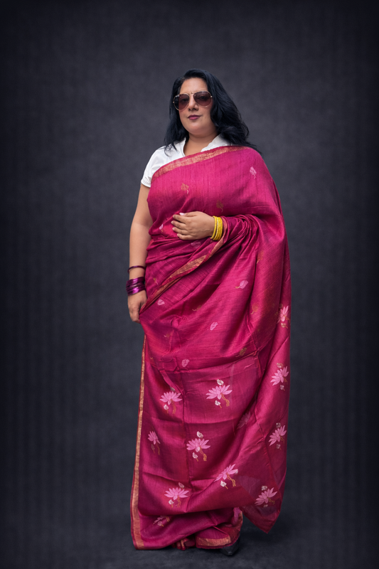 Avni: Pink Handwoven Tussar Silk Saree