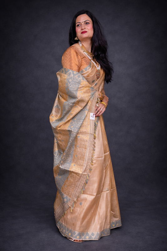 Kora: Beige & Grey Handwoven Assam Tussar Silk Saree