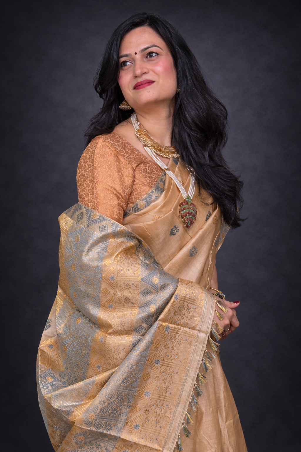 Kora: Beige & Grey Handwoven Assam Tussar Silk Saree