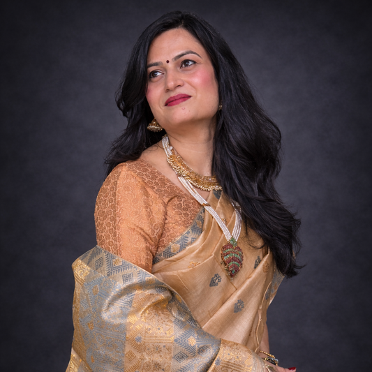 Kora: Beige & Grey Handwoven Assam Tussar Silk Saree