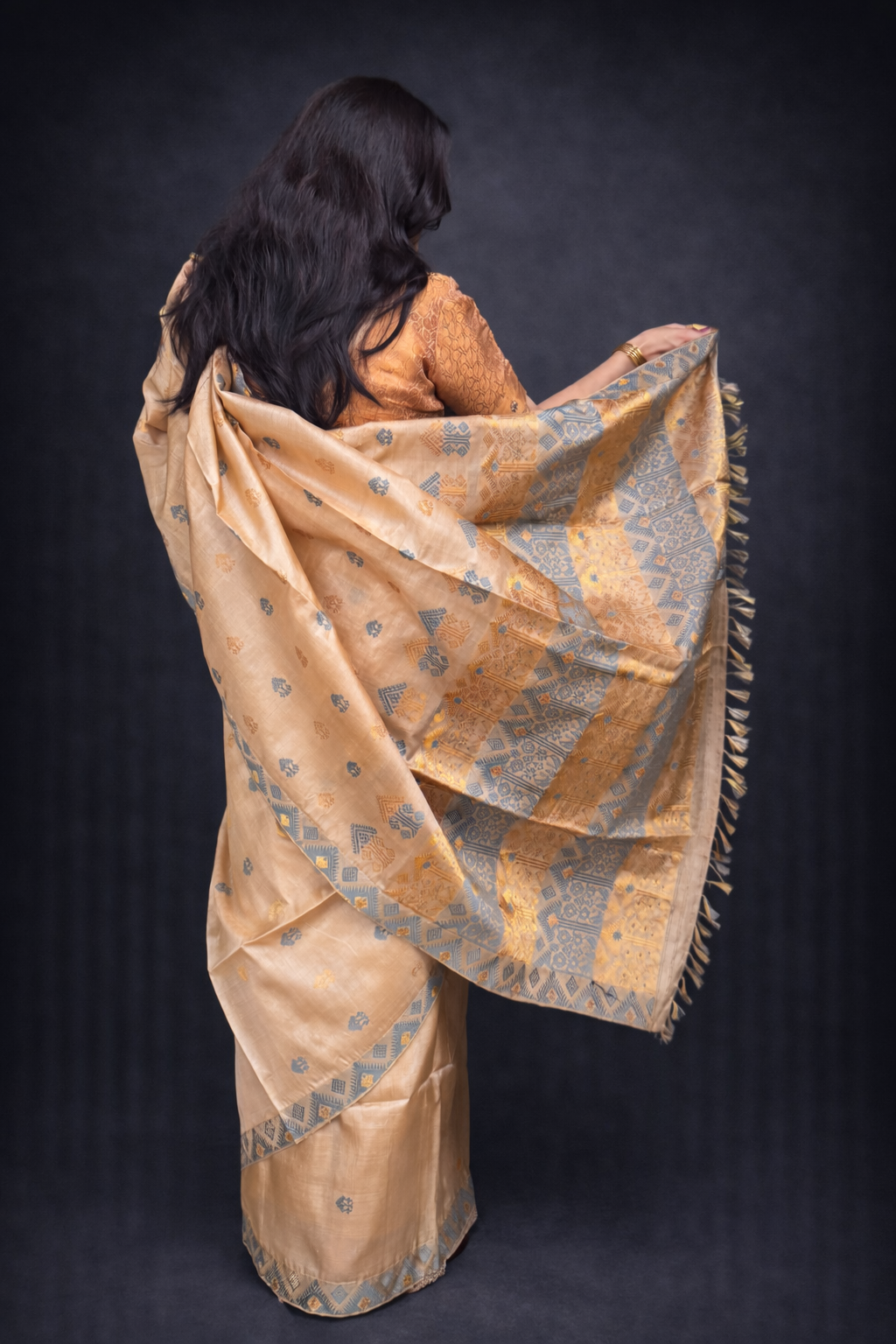 Kora: Beige & Grey Handwoven Assam Tussar Silk Saree