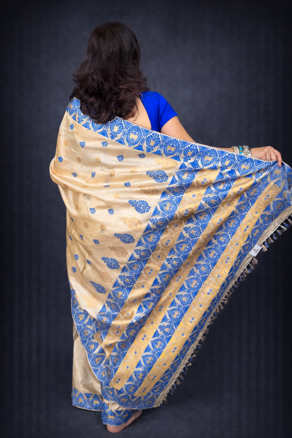 Sona: Beige and Blue Assam Handwoven Tussar Silk Saree