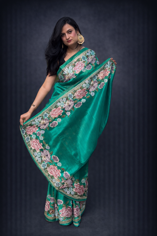 Aira: Green Embroidered Semi-silk Saree