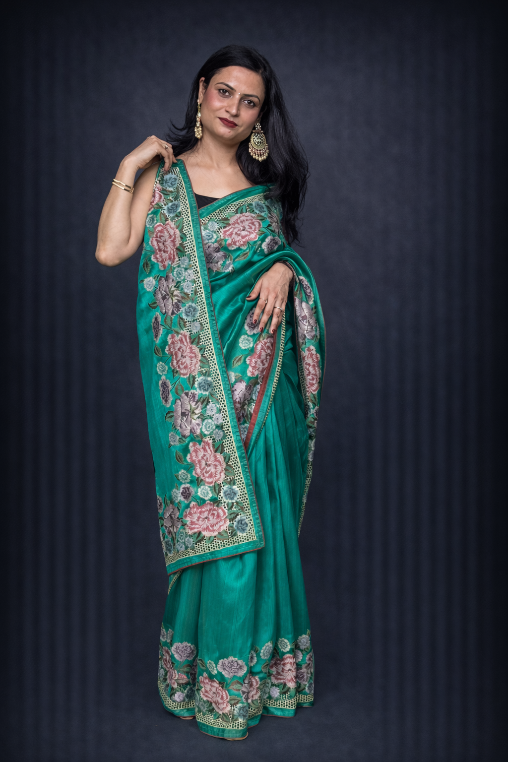 Aira: Green Embroidered Semi-silk Saree