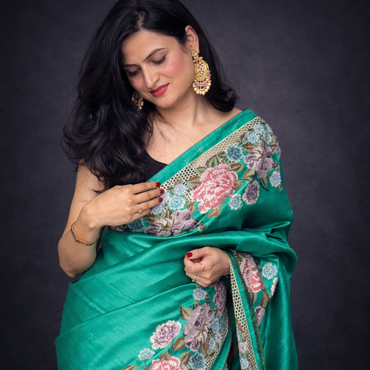 Aira: Green Embroidered Semi-silk Saree