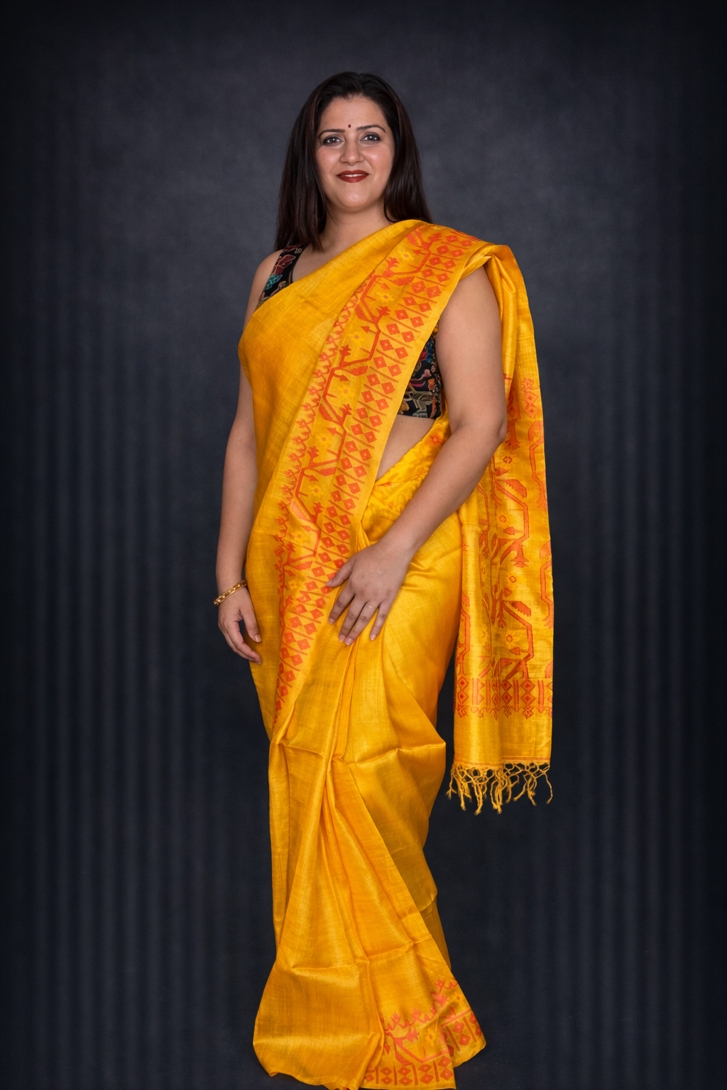 Shobha: Yellow Handwoven Tussar Silk Saree