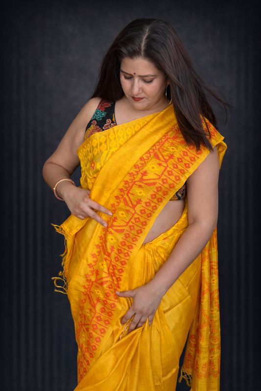Shobha: Yellow Handwoven Tussar Silk Saree