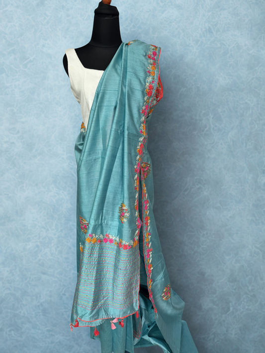 Blue semi-tussar embroidered silk saree