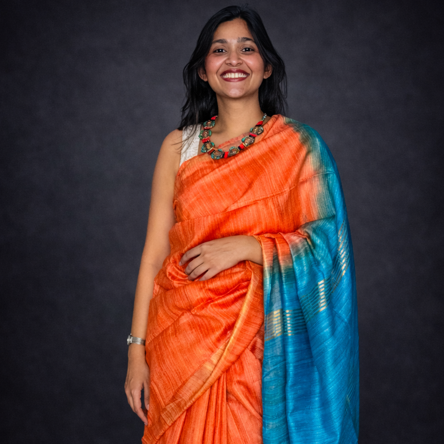 Azure: Orange and Blue Ghicha Silk Saree