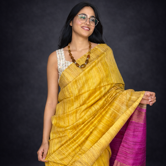 Sunspell Pink: Yellow and Pink Ghicha Silk Saree
