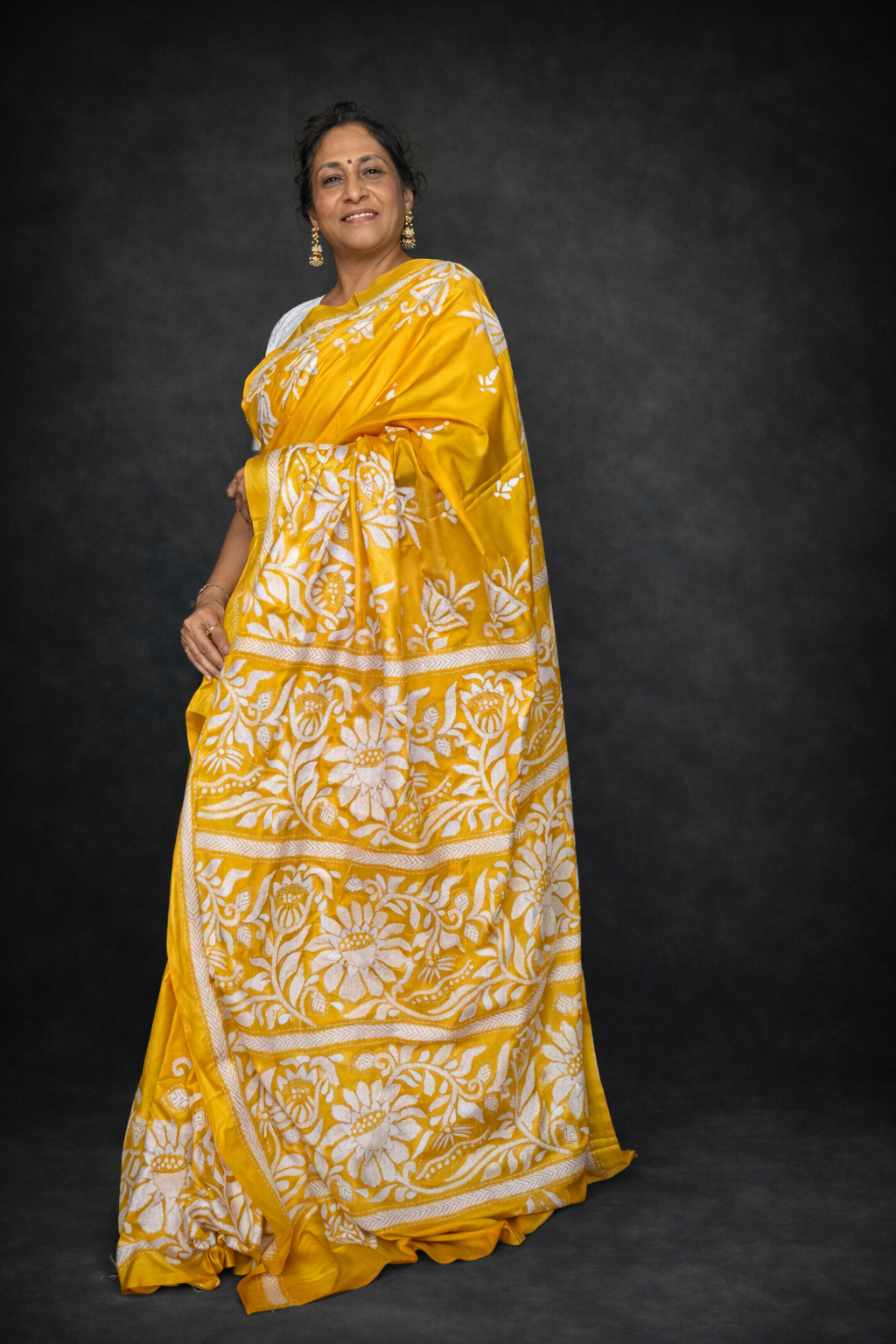 Sunshine: Yellow Kantha Embroidered Semi-Silk Saree