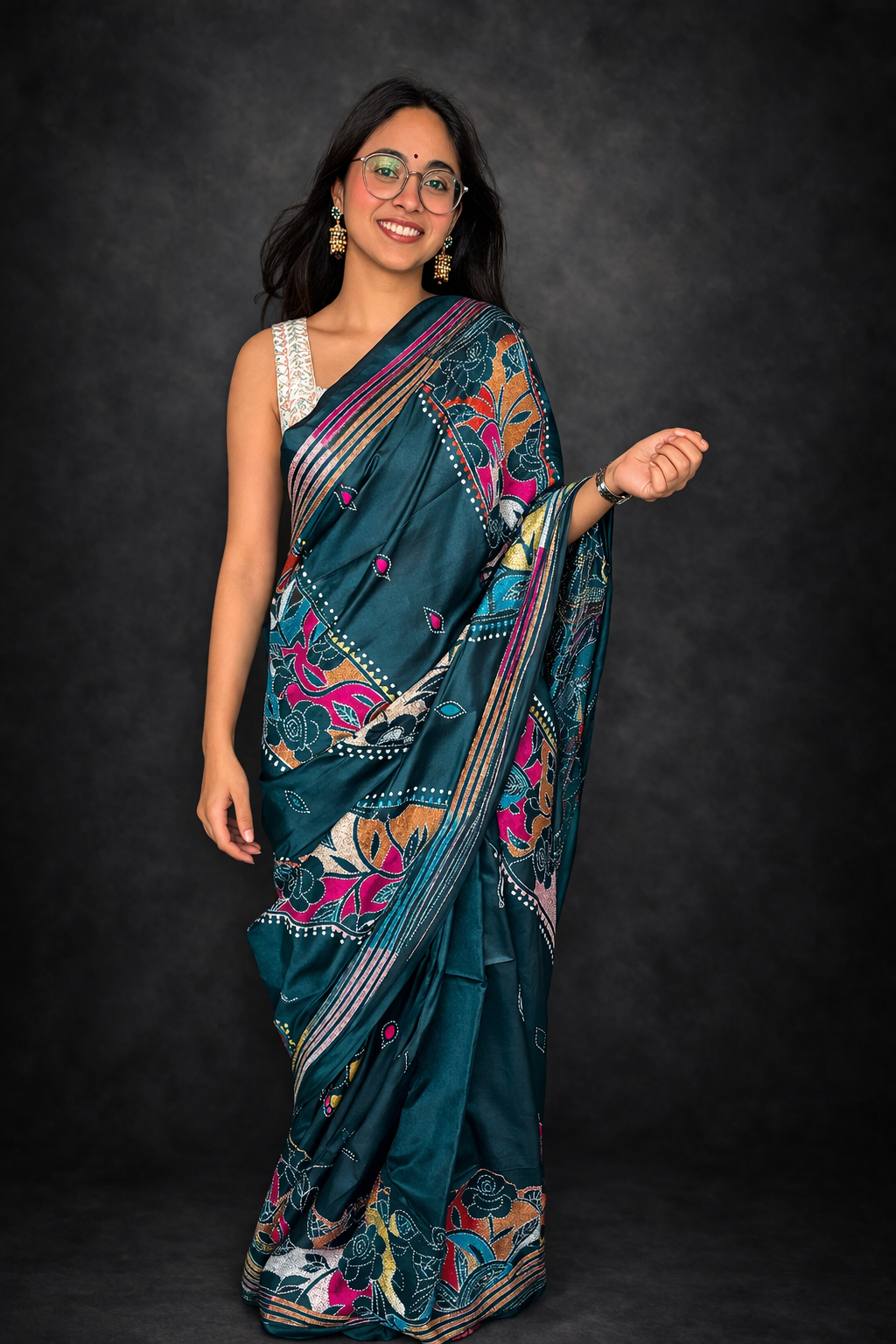 Emerald Garden: Green Kantha Embroidered Semi-Silk Saree