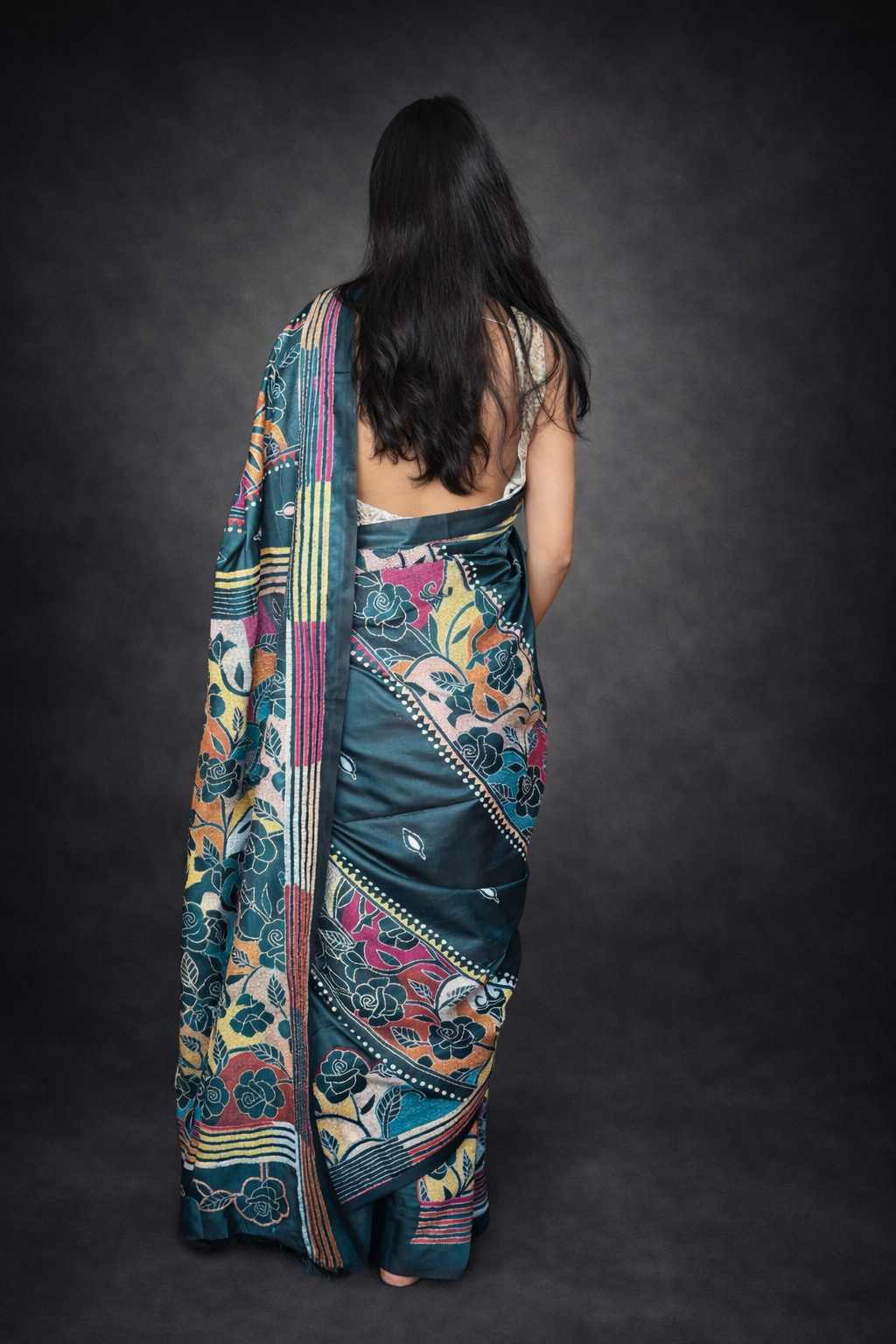 Emerald Garden: Green Kantha Embroidered Semi-Silk Saree
