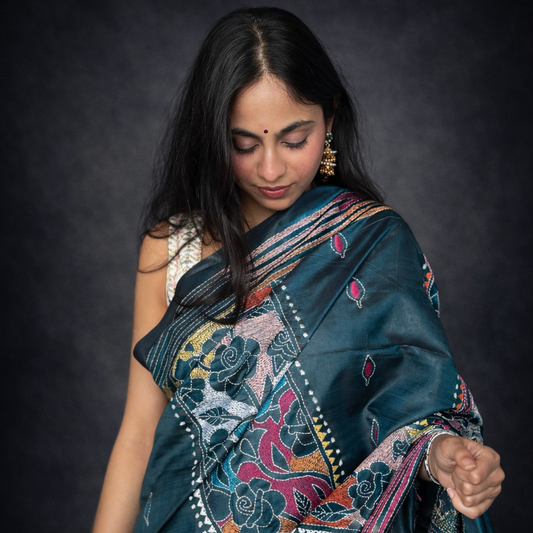 Emerald Garden: Green Kantha Embroidered Semi-Silk Saree