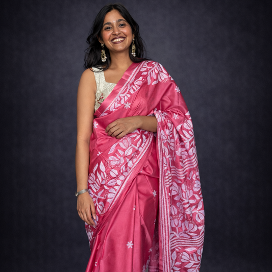 Unwritten Poetry: Pink Kantha-Embroidered Semi-Silk Saree