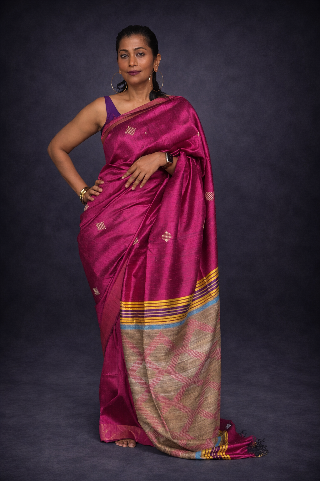 Dusky Petals: Magenta Ghicha Silk Saree