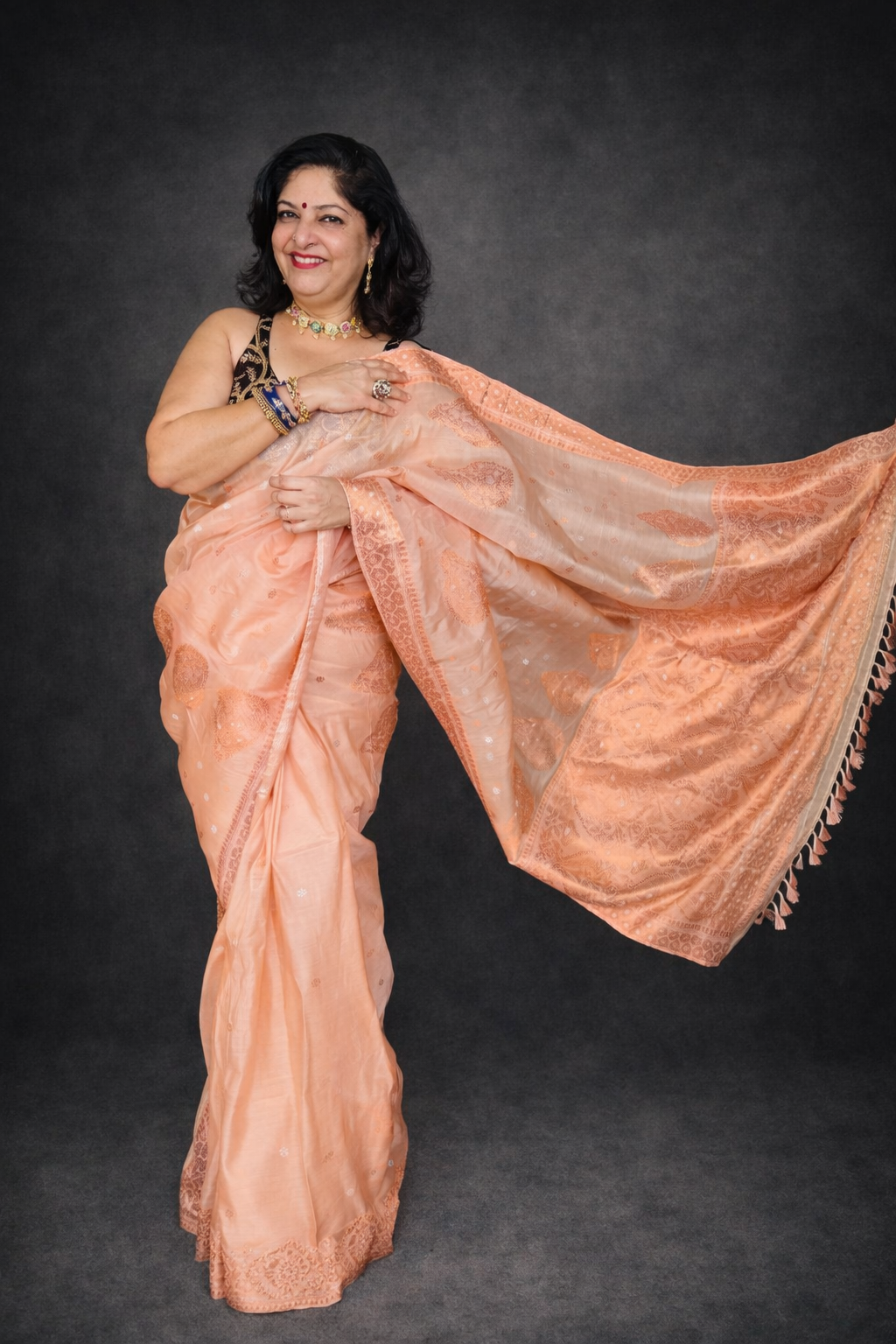 Apricot: Peach Kesapat Silk Saree