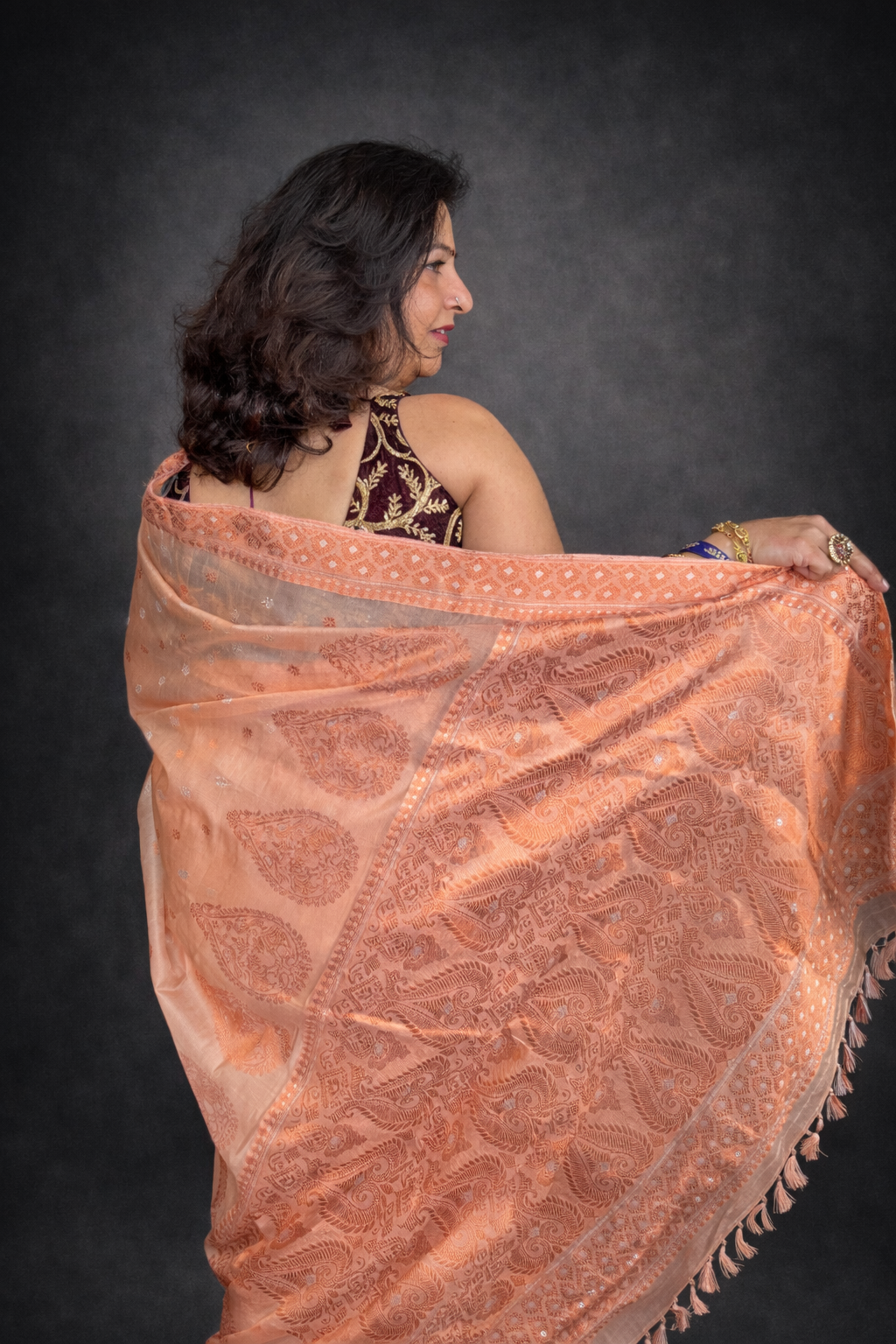 Apricot: Peach Kesapat Silk Saree