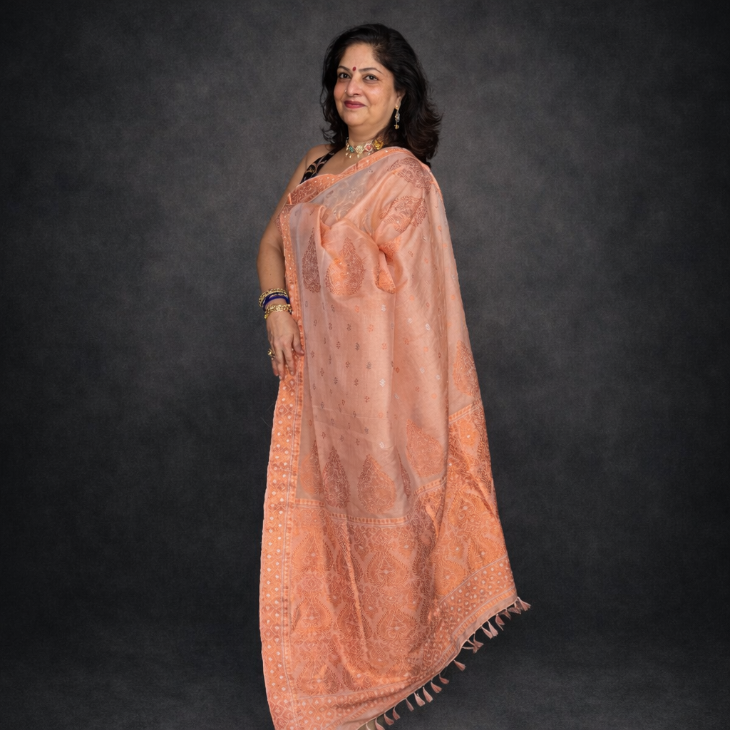Apricot: Peach Kesapat Silk Saree