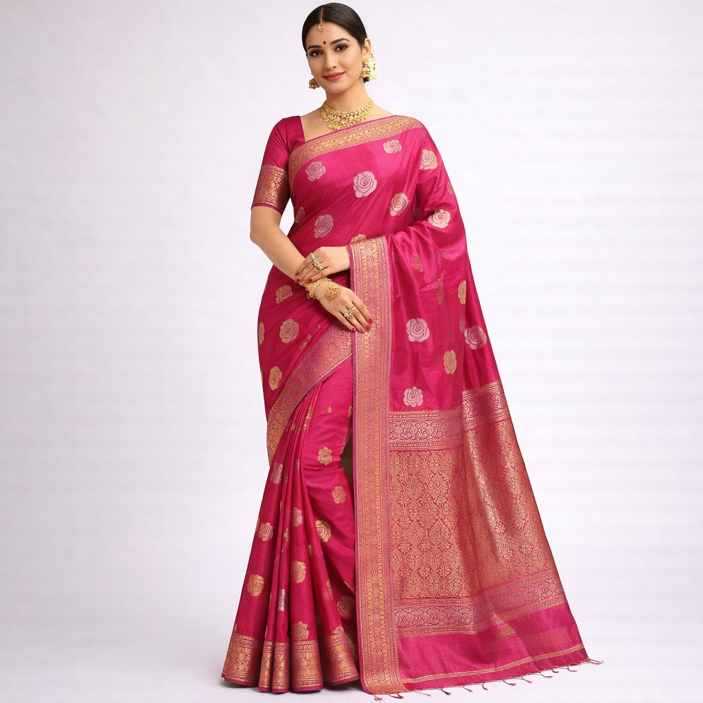 Hot Pink: Pink Tissue Silk Saree