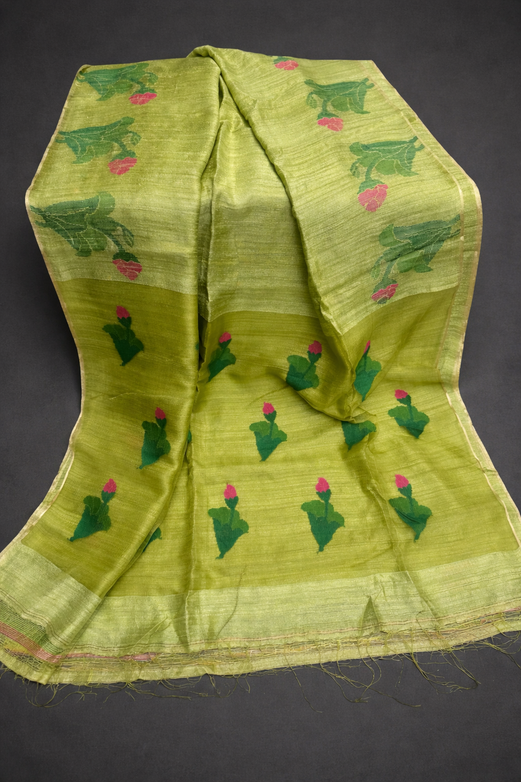 Parijat: Green Matka Silk Saree with Translucent Muslin Pallu