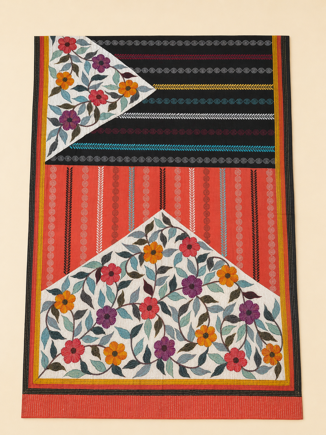 Neharika: Rust and Black block print Kantha Tussar Silk Saree