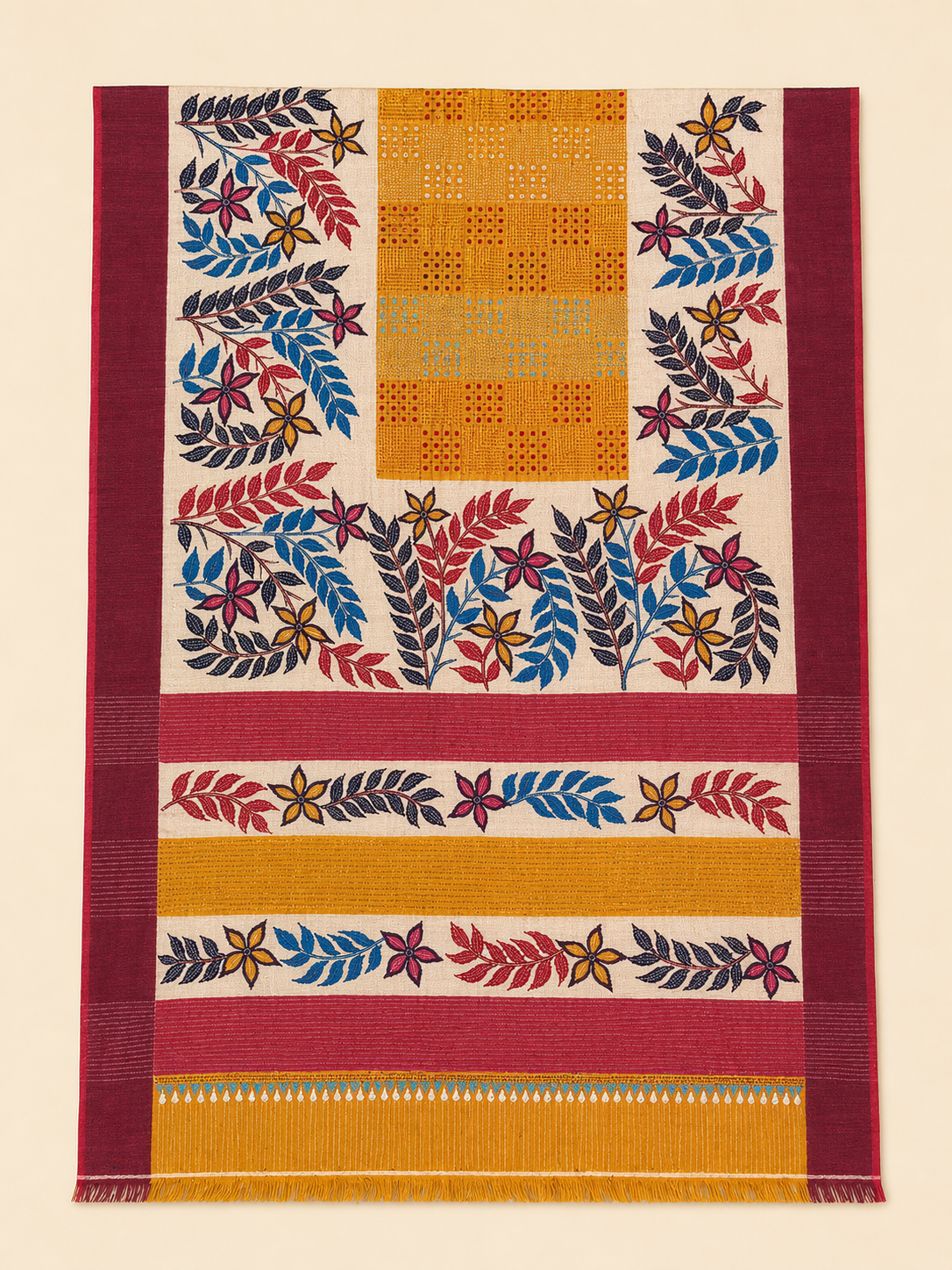 Ruchismita: Yellow Block Print Kantha Tussar Silk Saree